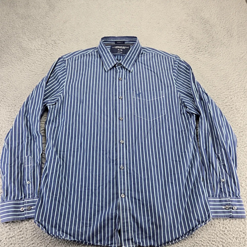 American Eagle Shirt Mens XL Blue Vertical Striped Vintage‎ Fit Button Up Preppy